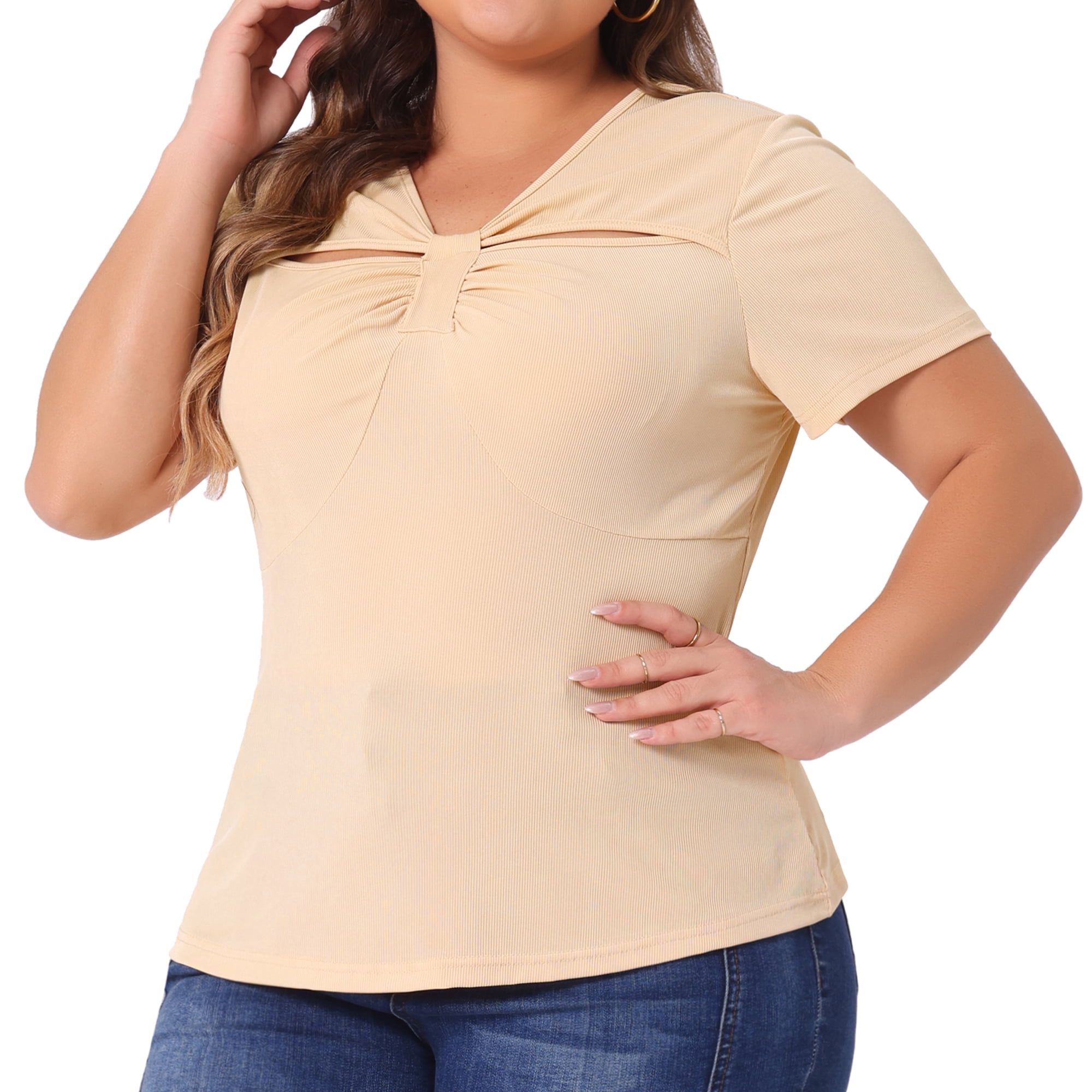 DARING DIVA Women's Plus Ribbed Knit Cutout Twist Knot Neckline Blouse 3X Beige