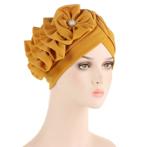 IROINNID Women's Solid Floral India Muslim Ruffle Head Scarf Head-wear Wraps Turbans Beanie Cap Head-wraps,Yellow