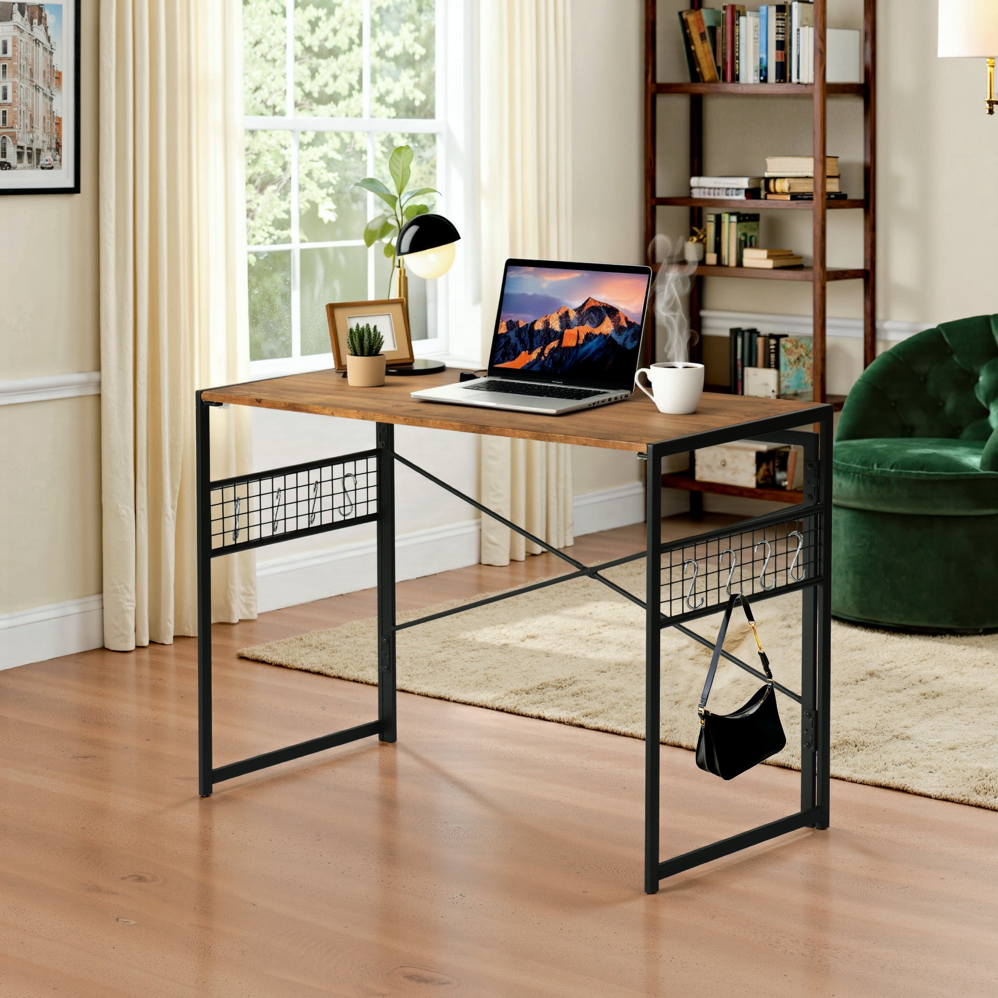 Homy Casa 39.4" Folding Table with Hooks and Grid Storage, Rustic Brown Desktop with Black Metal Frame