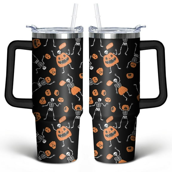 Retro Halloween Tumbler 30oz - Vintage Witch Black Cat Art - BPA-Free Insulated Cup with Handle & Straw