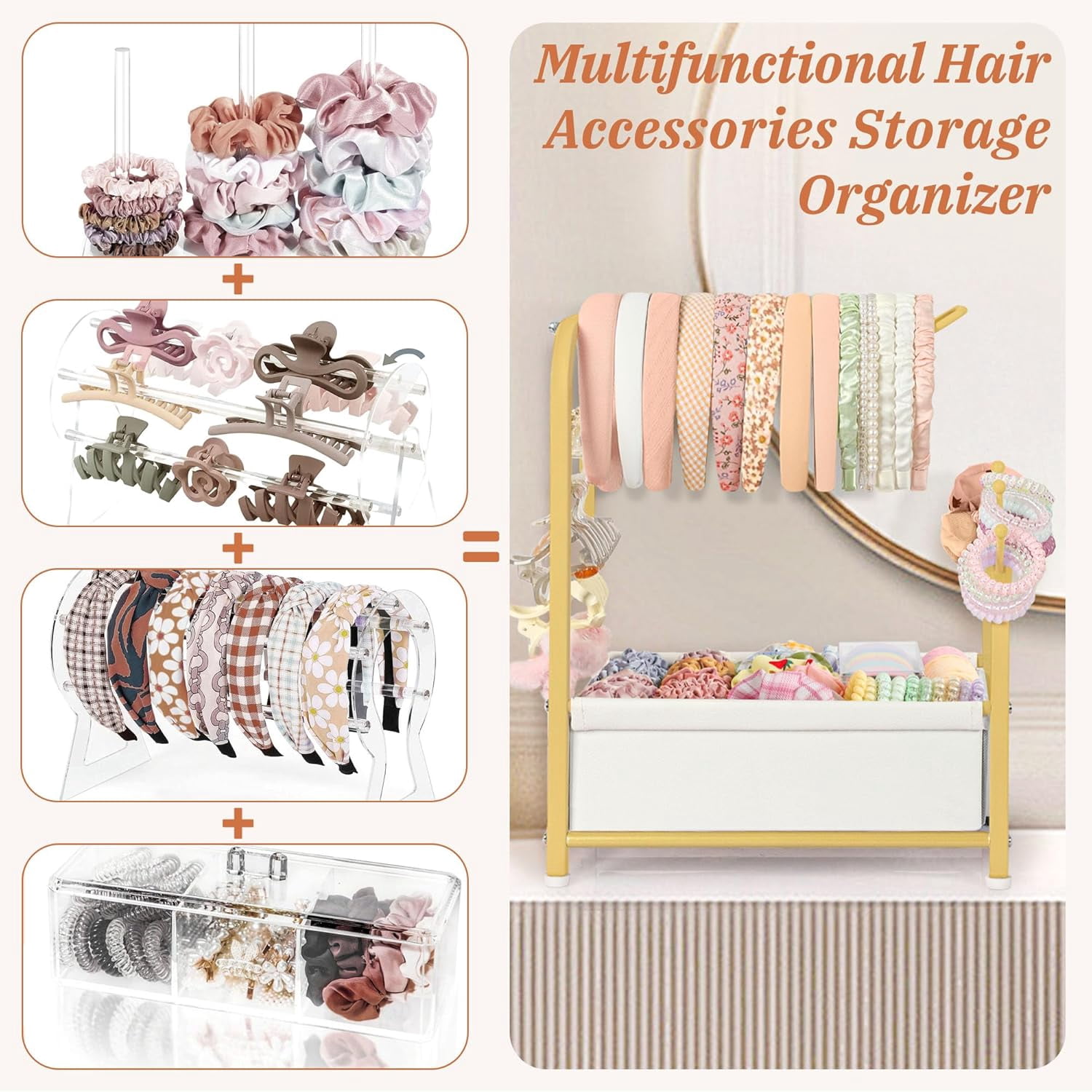Headband Holder Stand - Versatile Organizer for Scrunchies, Bows & Claw Clips - Compact Hair Accessories Storage for Girls, Women, Babies,Golden