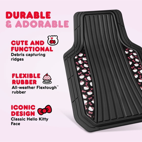 Hello Kitty Cute Rubber Car Floor Mats, Heavy Duty Non-Slip 4-Piece Set, Cute Universal Auto Accessory, for Car Truck SUV Van, Black