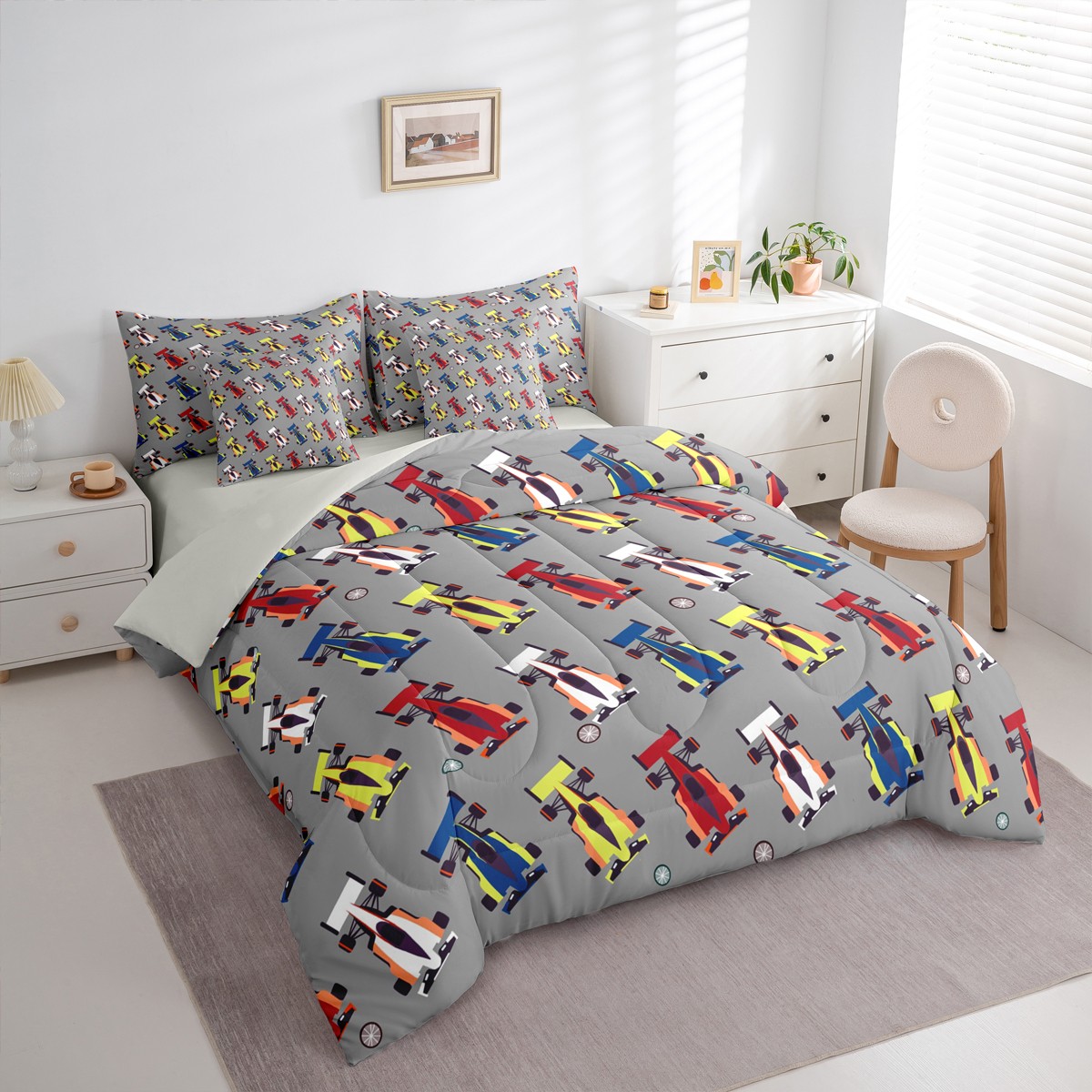 Homewish Colorful Race Car 7 Pieces Bedding Comforter Set,Extreme Sport Full Bedding Set,Colorful Racing Car Fitted Sheet Flat Sheet,Microfiber Bedroom Decor Reversible