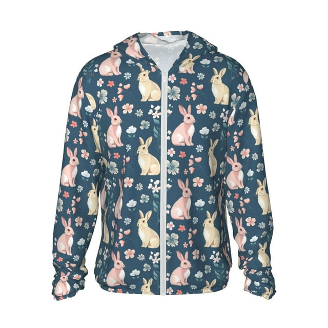 Vsdgher Cute Rabbit Floral Print Adult Hoodie Shirts Rash Guard for Men Women,Long Sleeve Sun Protection Fishing Shirts for Athletic Running Swim-X-Large