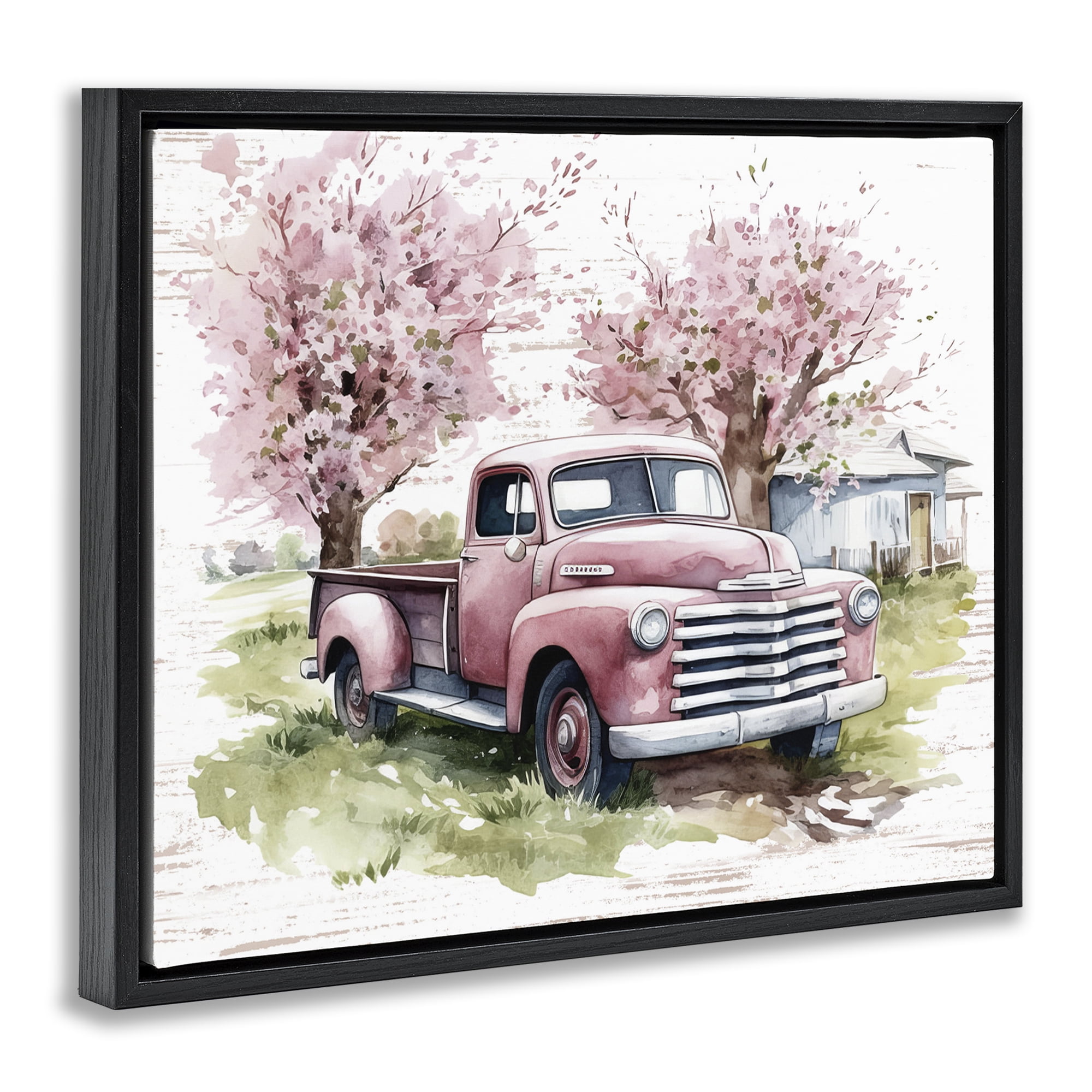 Stupell Industries Cherry Blossoms & Pickup Transportation Painting Black Floater Framed Canvas Art Print Wall Art, 21 x 17