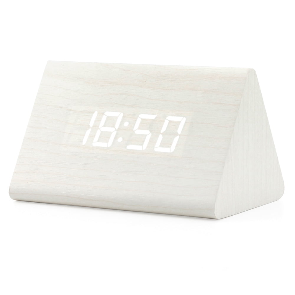 Wooden Wood Clock New LED Alarm Desk Clock Displays Time Date Temperature - White