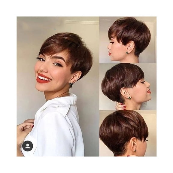 Short Brown Wig Chocolate Brown Human Hair Wigs Short Pixie Cut Wigs with Bangs