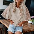 thumbnail image 6 of Women Lace Embroidered Blouse Batwing Short Sleeve Peplum Loose Casual Top Khaki XL, 6 of 7