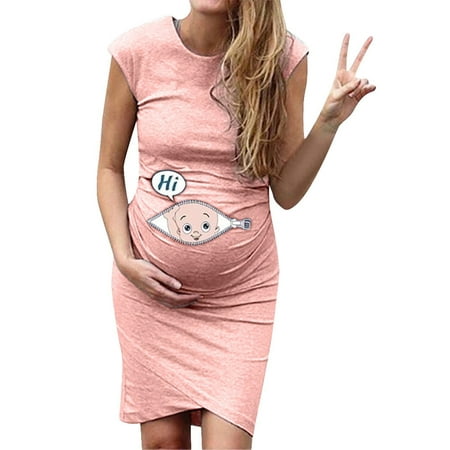 

Maternity Dress Women Short Sleeve Cute Baby Print Dress Pregancy Bodycon Ruched Side Daily Wear Dress