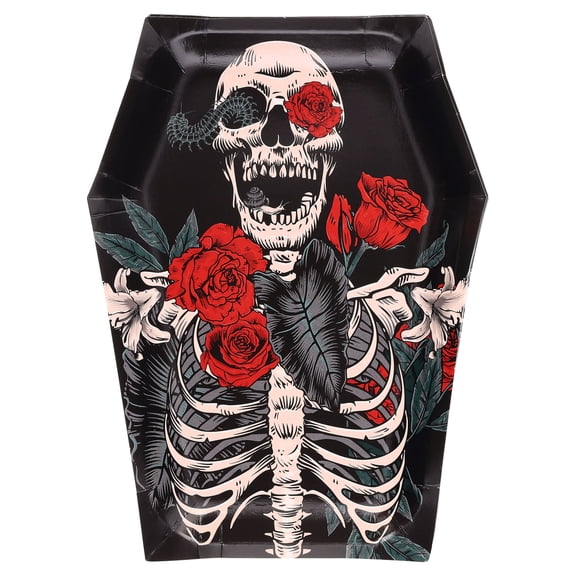 Skeleton and Roses Coffin-Shaped Disposable Paper Plates, Multicolor, 10" x 7.5", 8 Count, Halloween by Way To Celebrate