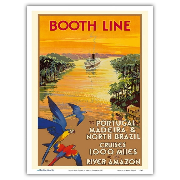 Portugal Madeira North Brazil Amazon River - Booth Line Cruises - Vintage Ocean Liner Travel Poster by Walter Thomas c.1927 - Master Art Print (Unframed) 9in x 12in