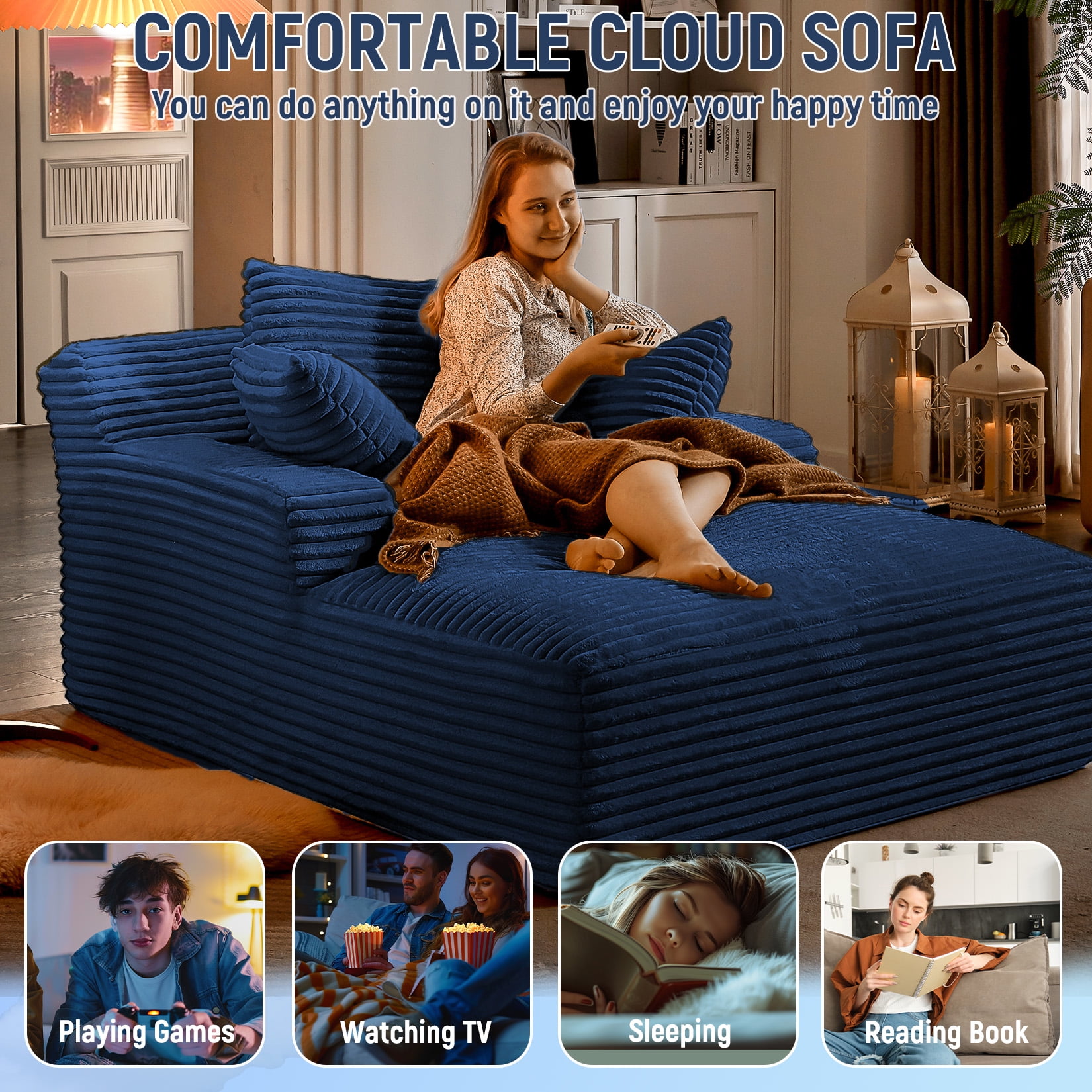 Chaise Lounge Chair Indoor, 50'' Upholstered Sofa Bed with 2 Throw Pillows, Comfy Lounge Indoor, Sleeper Reading Chair, Oversized Recliner Sofa, Fluffy Couch (Blue)