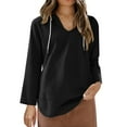 thumbnail image 5 of Women's Beach Cover Up Long Sleeve Summer Linen Shirt Hoodies Sweatshirt V Neck with Pocket Hooded Tops Black XL, 5 of 8