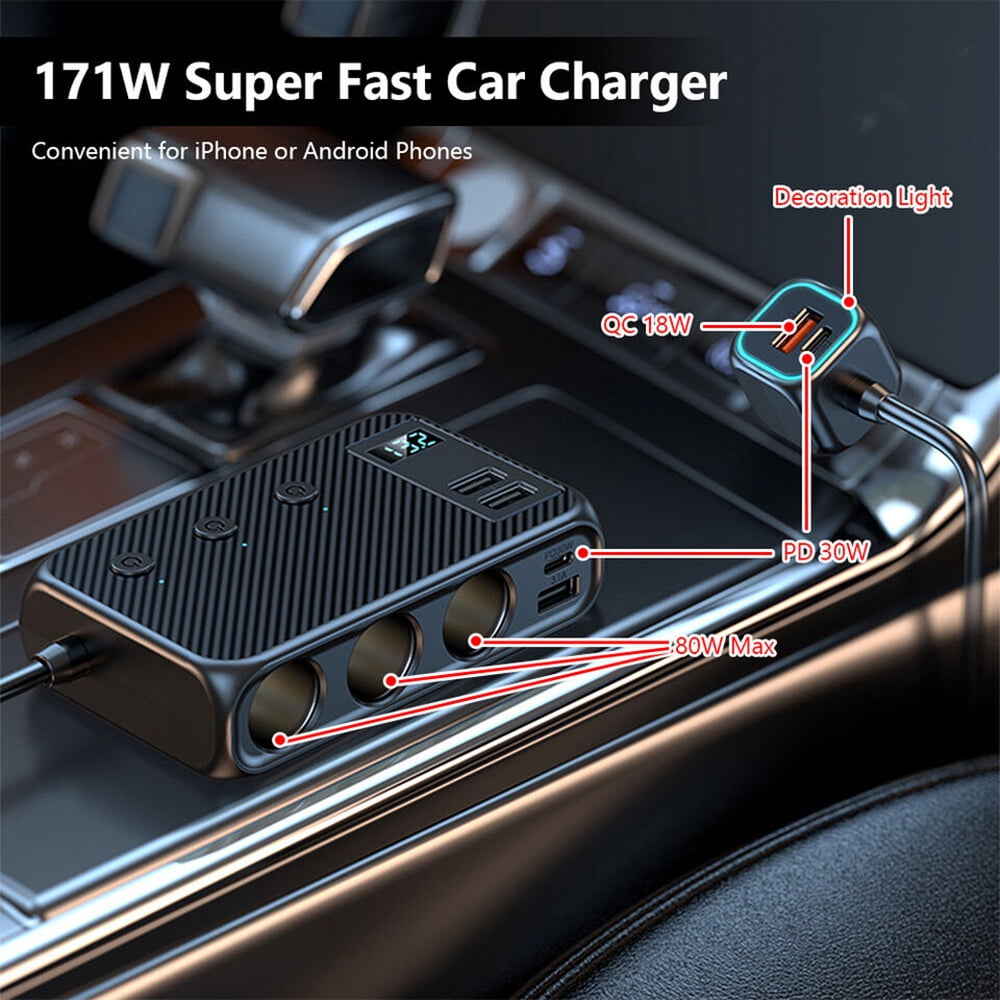 HOMEYA 3 Socket Car Cigarette Lighter Adapter, 171W PD & QC 3.0 Fast USB Car Charger 12V/24V 3-Socket Power Splitter DC Outlet with Individual Switches for All Car Devices