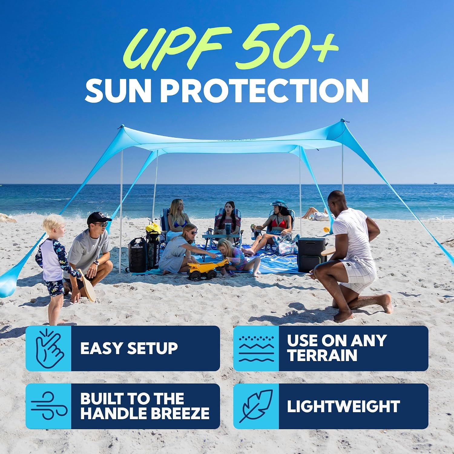 SUN NINJA 10x10 Outdoor Pop Up Beach Tent With Shovel, Pegs