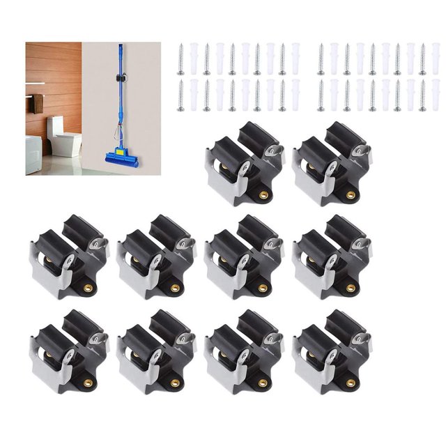 Soporte para escoba, montaje en pared, paquete de 10, fregona de metal resistente, palo de escoba, mango de pala, clips para colgar, abrazadera, organizador, colgador, pinza, color negro