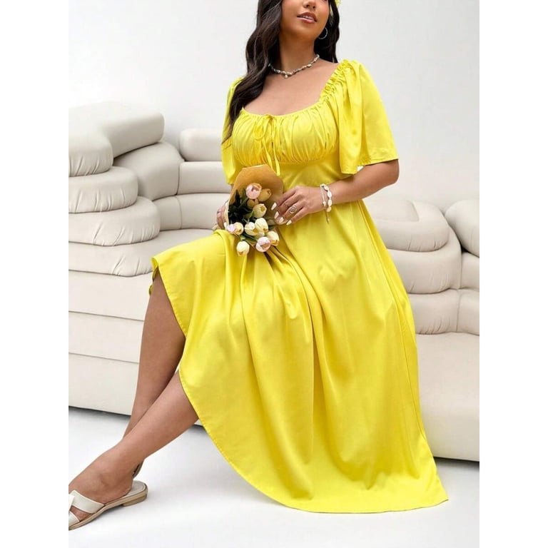 yellow flowy midi dress Women's Afternoon Like This Butter Yellow Floral Ruffle Tiered Cotton Midi Dress | Size: L