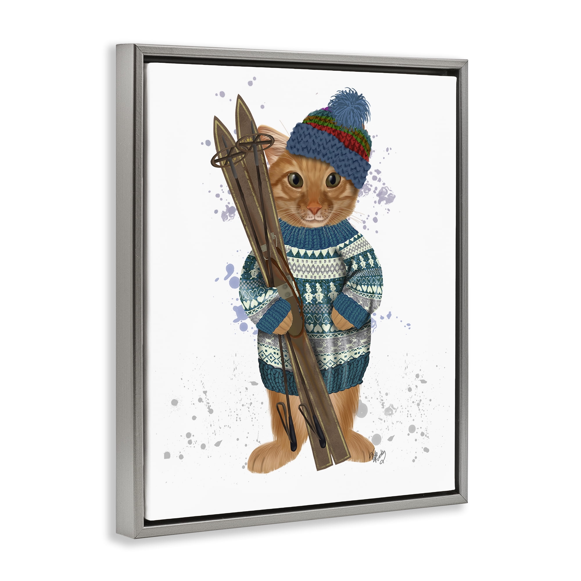 Stupell Industries Cat with Winter Skis Animals & Insects Painting Gray Floater Framed Canvas Art Prints Wall Art, 25 x 31