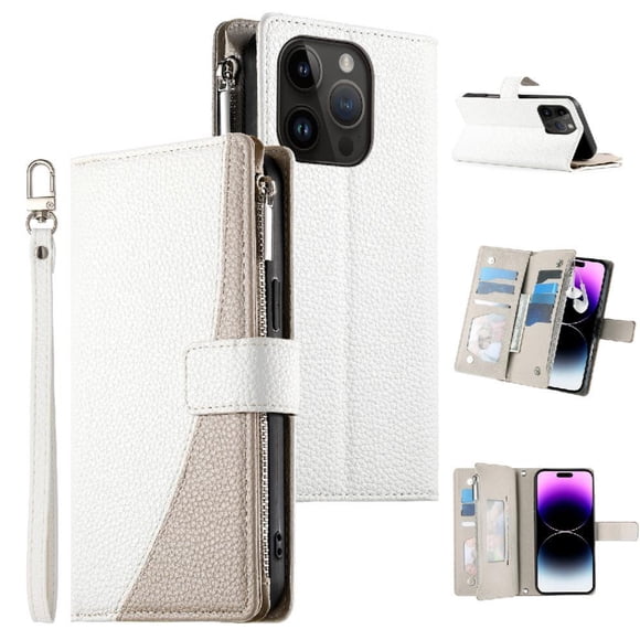 Funda cartera GANGXUN para iPhone 14 Pro , cuero PU con tarjetero, cremallera, correa de mano, soporte y protección 681°