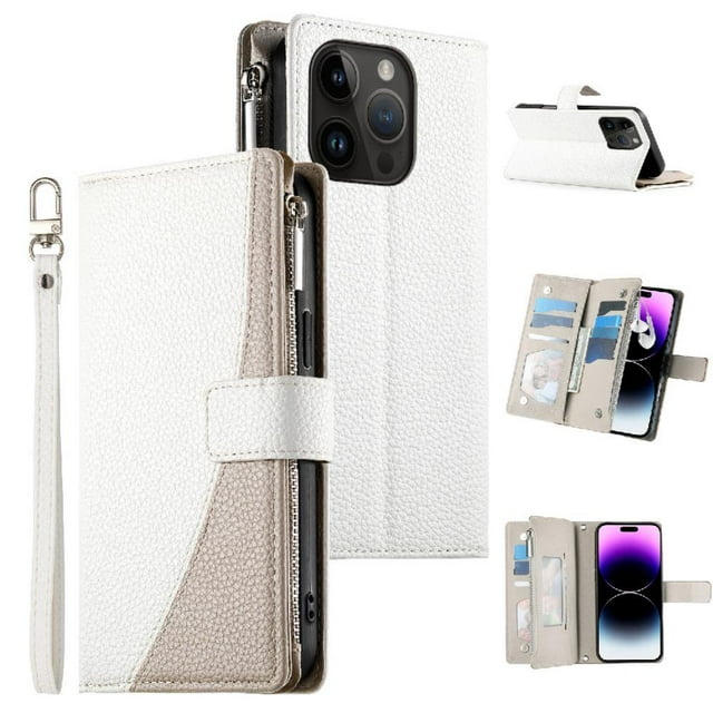 Funda cartera GANGXUN para iPhone 14 Pro , cuero PU con tarjetero, cremallera, correa de mano, soporte y protección 681°
