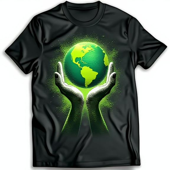 Our Planet: Vibrant Green Earth Graphic on Black T-Shirt