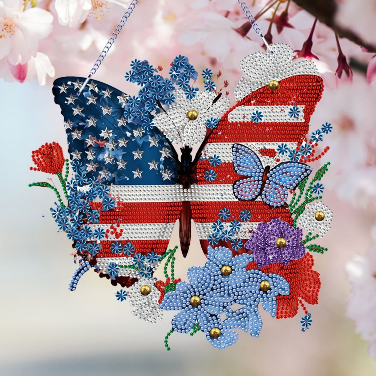 FLOPESN DIY Diamond Art Kits, American Independence Day USA Butterfly Style, 9.84*8.27 in Diamond Painting Pendant, Creative Design Wall Decor