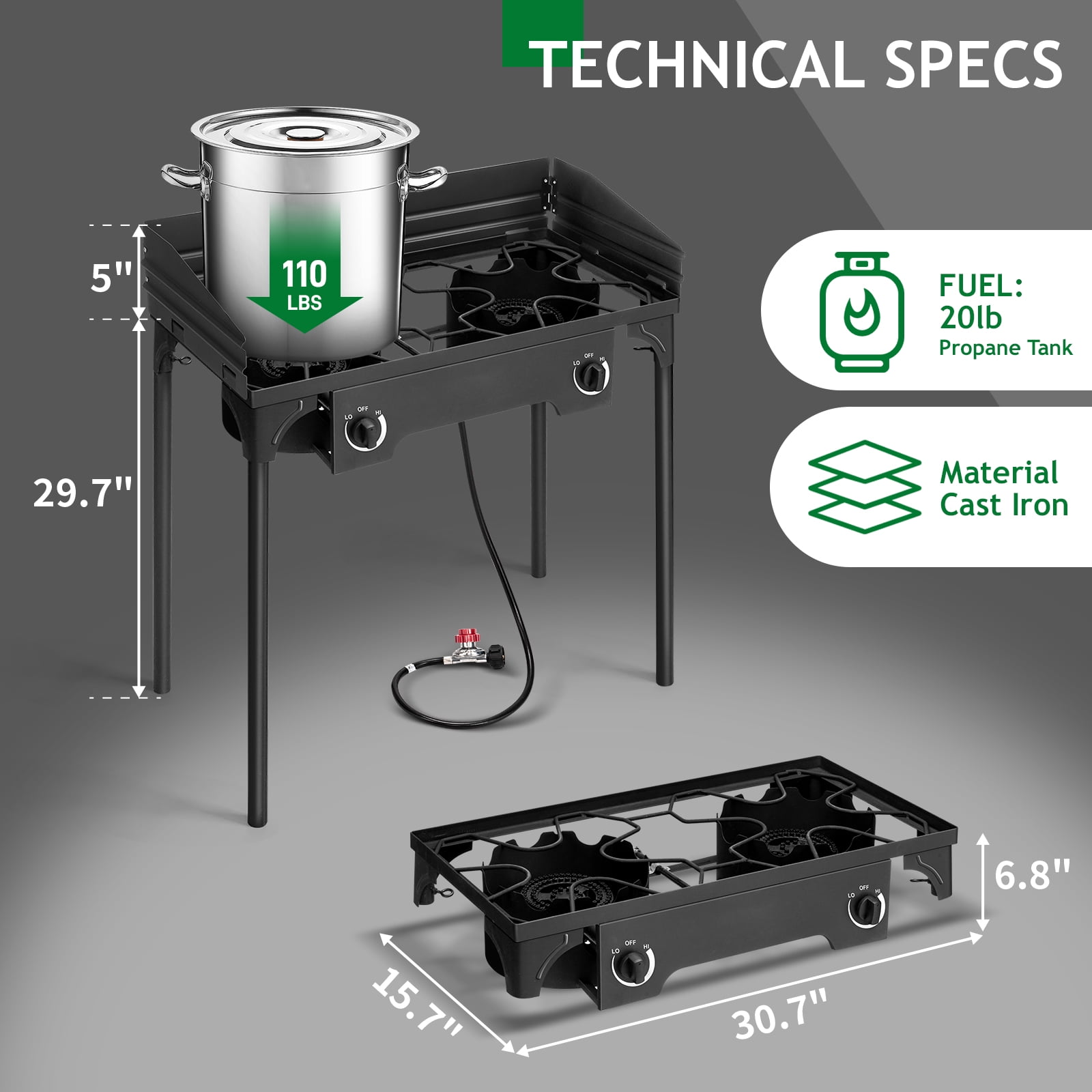 UBesGoo Portable Propane 15,0000BTU 2 Burner Outdoor Camp Stove w/ Wind Panel, Black
