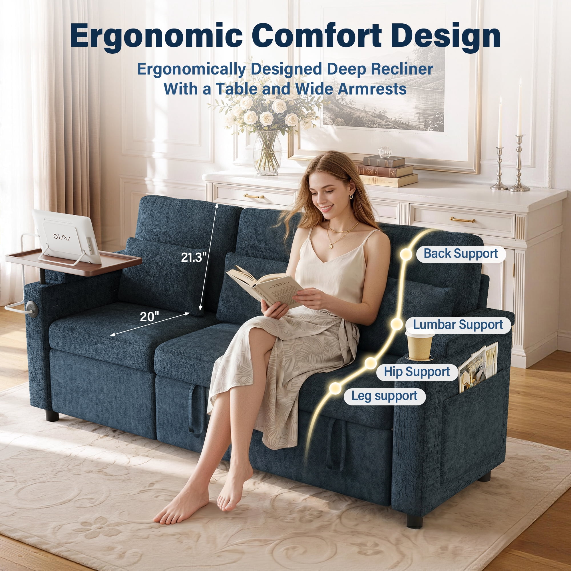 Aukfa 81" Convertible Sleeper Sofa,Chenille 3-in-1 Sofa Bed with Recliner,Center Table,USB Ports & Storage Armrests,Blue