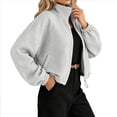 thumbnail image 2 of thefmos Women's Stand Collar Zip Up Long Sleeve Jacket with Pocket Drawstring Solid Color Casual Outerwear Trendy Spring Fall Outfit, Gray M, 2 of 9