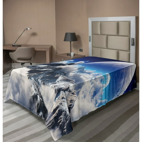 Ambesonne Fantasy Flat Sheet, Snow Capped Mountain, TwinXL Size, White and Navy Blue