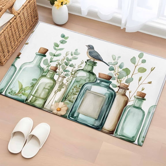 2x3 Ft Entryway Area Rug, Green Eucalyptus Leaves Kitchen Rug Runner Washable Floor Mat, Watercolor Vase Birds Botanical Non Slip Indoor Door Mat Throw Carpet for Bathroom Living Room Bedroom