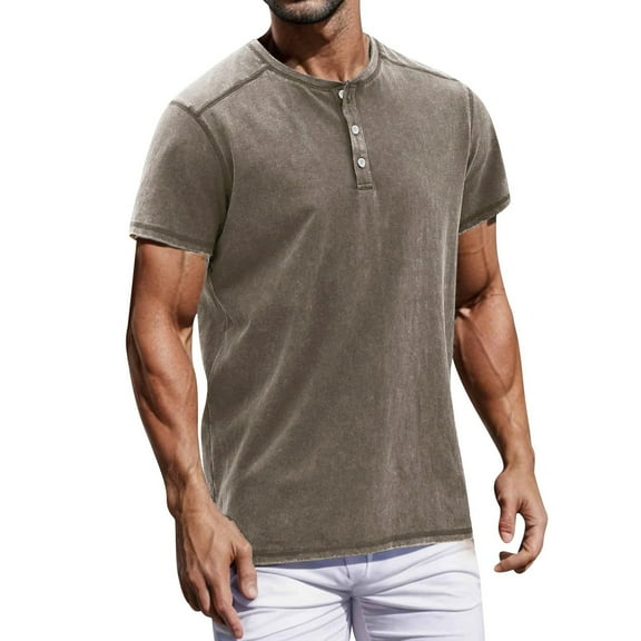 Zimjoy Mens Big and Tall T-Shirts Big and Tall Henley Neck Short Sleeve Solid Color Shirts Summer Tops Basic Pullover Tees (Khaki, 2XL)