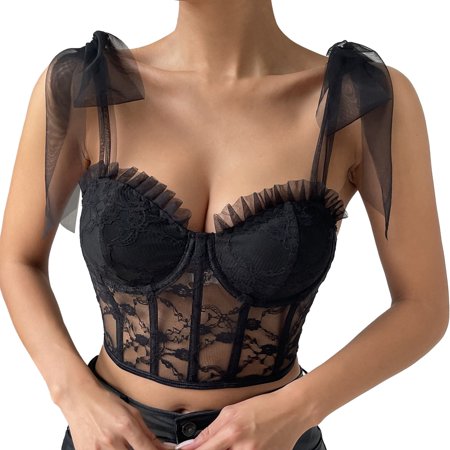 

Fsqjgq Crop Tops Floral Lace Mesh Transparent Women s T-Shirt Ribbon Ruffle Trim Steel Boned Hot Girls Corset Top Streetwear Camis Black L