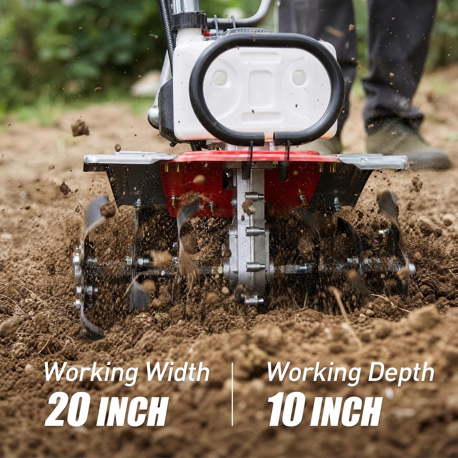 EAYSG 4 Stroke Gas Tiller Cultivator, 1.5KW 7500RPM Heavy Duty Rototiller, 6-Position Adjustable Height, 20" Working Width, 10" Tilling Depth, Gasoline Powered for Lawn Yard Soil Cultivation