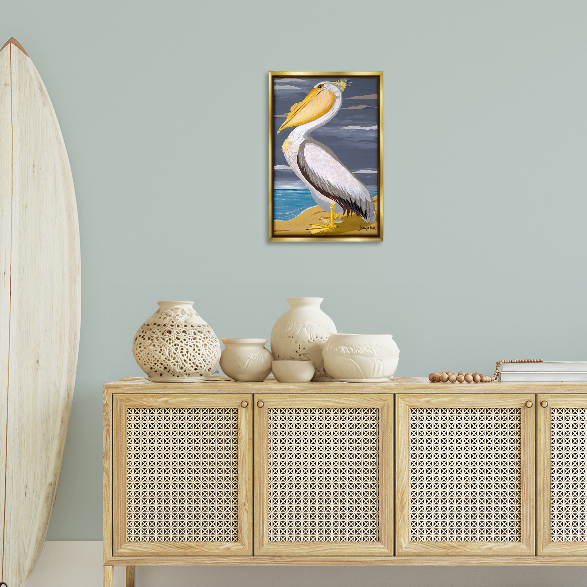 Stupell Industries White Pelican on Shore Animals & Insects Painting Gold Floater Framed Canvas Art Print Wall Art, 17 x 25