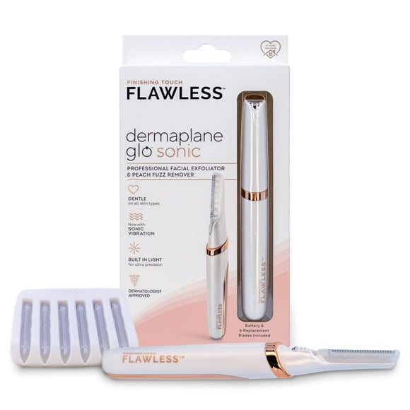 Finishing Touch Flawless Dermaplane Glo Sonic Exfoliant Facial Éclairé, Rasoir Vibrant Électrique pour Dermaplaning, Épilation du Visage, 6 Têtes de Remplacement