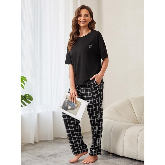 ebukurty Black Pajamas Sets for Women 2 Piece Short Sleeve Lounge Set Round Neck Shirt and Plaid Pants Sleepwear Outfit for Women