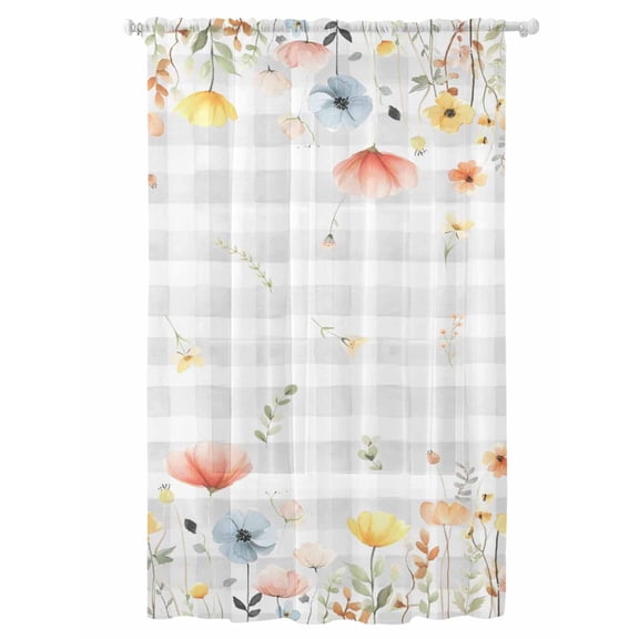 Sheer Curtains 108 Inches Long, Spring Wildflowers Semi Sheer Curtains Light Filtering Window Treatment, Watercolor Country Botanical Floral Privacy Voile Drapes for Living Room Bedroom 52x108 Inch