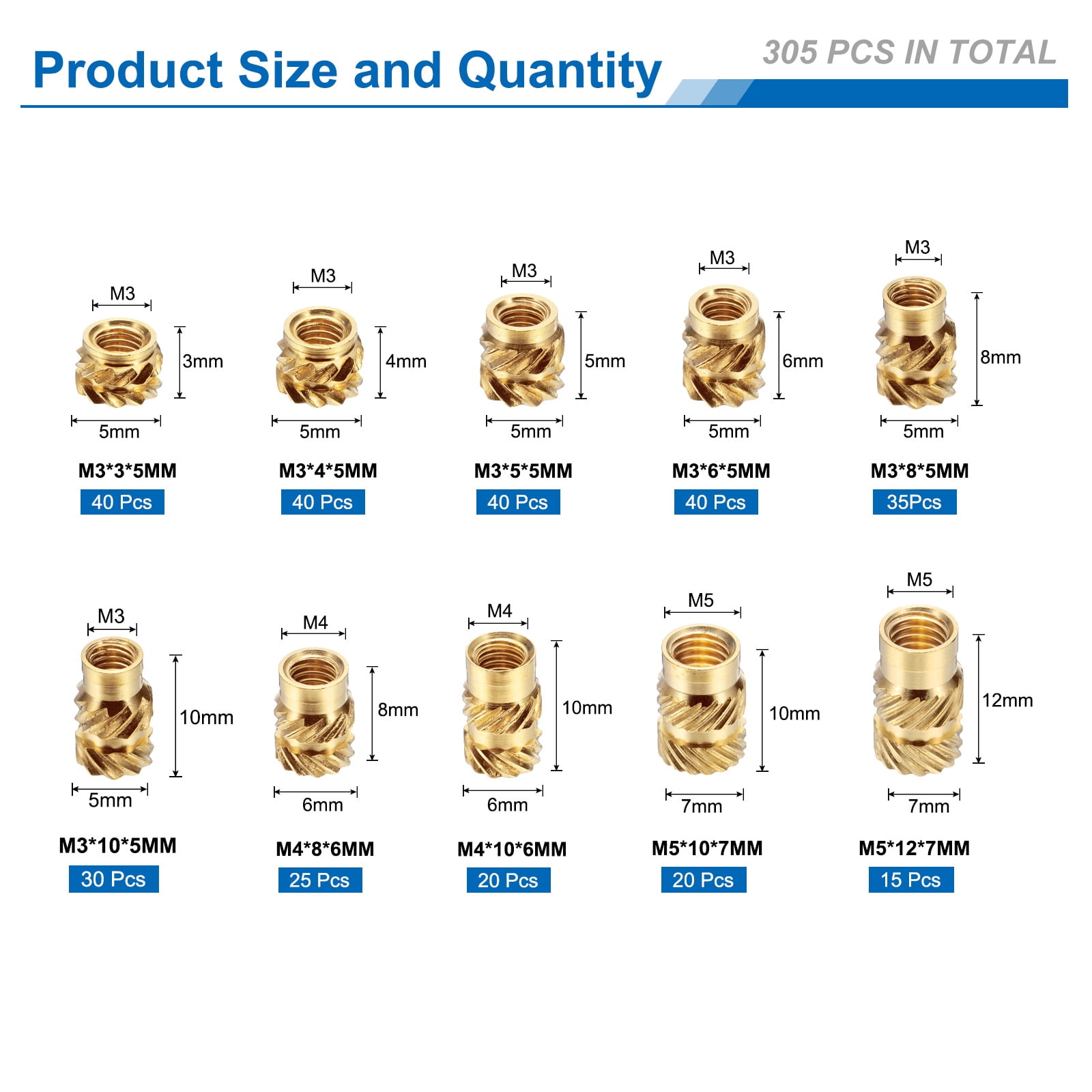 305Pack M3 M4 M5 Metric Threaded Inserts Brass Heat Set Insert Knurled Nuts Assortment Kit, 3D Printing Brass Nuts Female Threaded Inserts Nuts