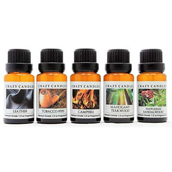 5 Bottles Set, 1, Hawaiian Sandalwood 1 Mahogany Teakwood 1 Tobacco Pipe, 1 Campfire, 1 Leather 1/2 Fl Oz Each 15ml Premium