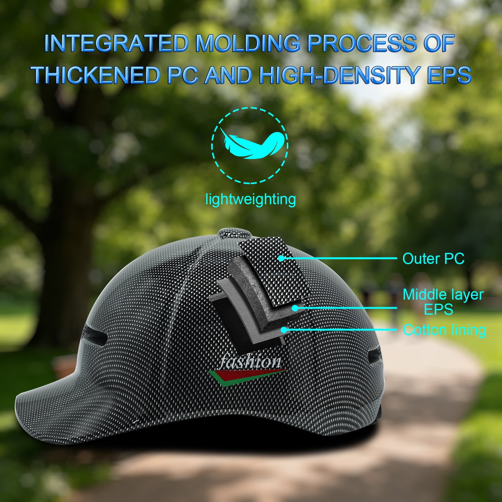 Adult bicycle helmet, unisex - comfortable, lightweight, adjustable baseball cap style cycling helmet, suitable for urban commuting, road cycling, rollerblading, and scooter riding.
