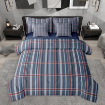 Feelyou Blue Square Plaid Bedding Comforter Set 7pcs, Vintage Abstract King Bedding Sets
