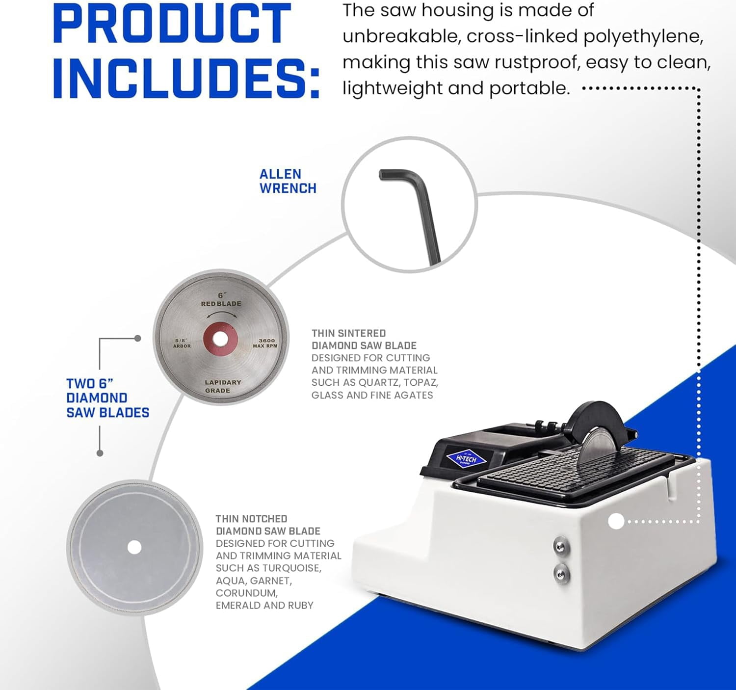 Hi-Tech Diamond - 6" Lapidary Saw - Lapidary Equipment Rock, Stone, Glass Cutting, Trimming, Sawing Machine - Stone Cutter Trim Saw and More - Includes TWO 6" Diamond Rock Cutting Blades