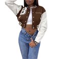 thumbnail image 1 of xiaxaixu Women Leather Long Sleeve Letter Embroidery Cropped Baseball Jackets, 1 of 7