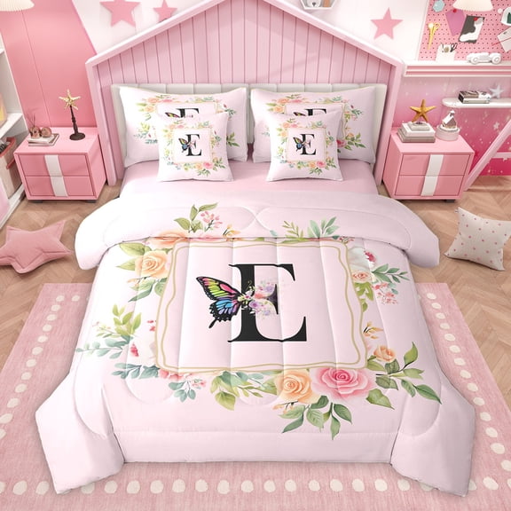 Homewish Butterfly Monogrammed E Twin Bedding Sets 7-Piece for Kids, Romantic Pink Initial Letter Bedding Comforter Set, Cartoon Theme Reversible Sheet Sets, Breathable Home Decor