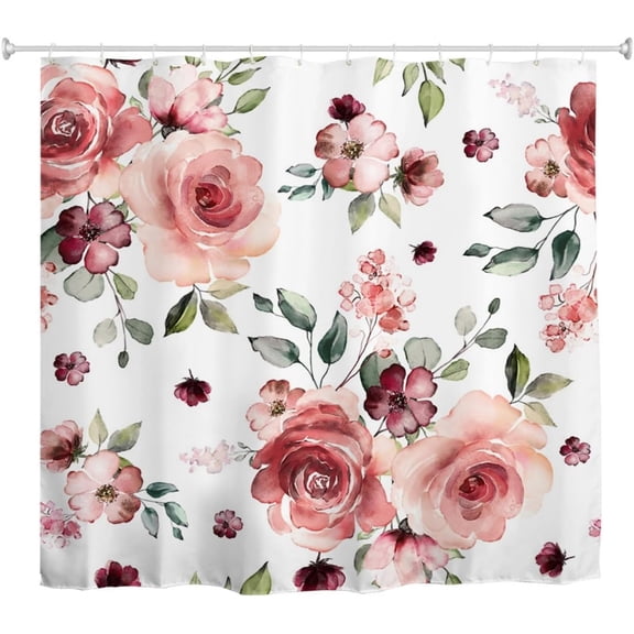 Floral Shower Curtain, Pink Rose Flowers Waterproof Fabric Shower Curtains Set with Hooks for Bathroom Decor, 72 x 72 Inch