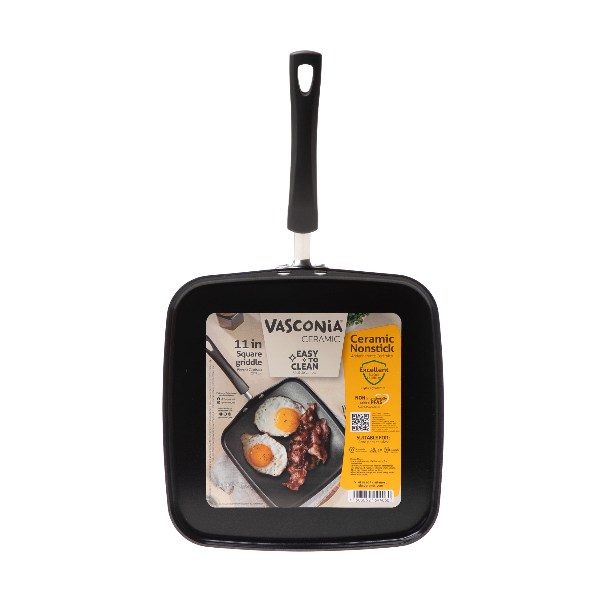 Vasconia 11-Inch Square Ceramic Nonstick Griddle Pan, Heavy Gauge Aluminum, Soft Touch Handle