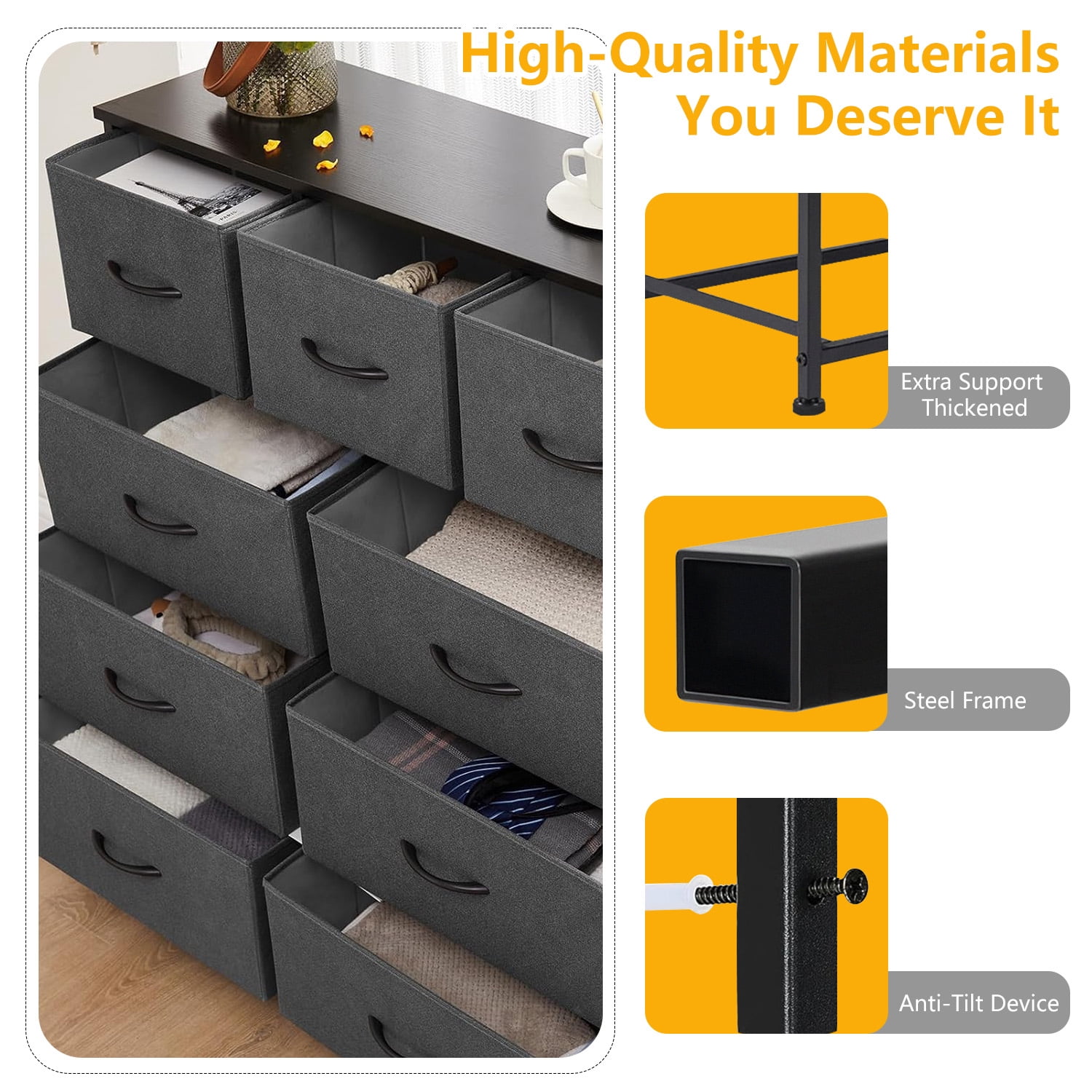 9-Drawer Fabric Dresser with Wood Top - Compact Storage Organizer for Bedroom, Closet, Grey