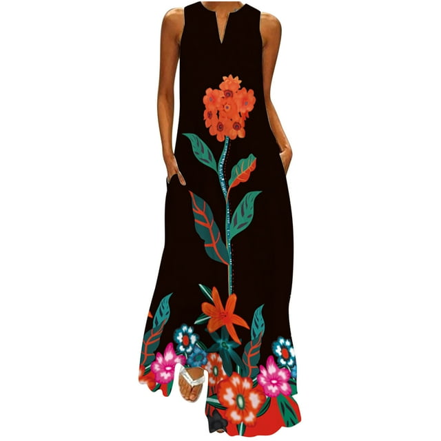 Pompotops Robe Longue Décontractée pour Femme avec Imprimé Rayé et Floral, Robe Maxi Sans Manches