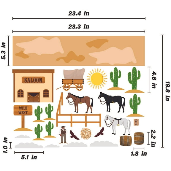 THE CITY - DIY Removable Home Art City Wild West Scene Design Multicolored Vinyl Wall Decal Sheet - Stick And Peel Kids Bedroom Desert Horses Cowboy Adhesive Wall Decor Sticker 23.4" x 19.8"